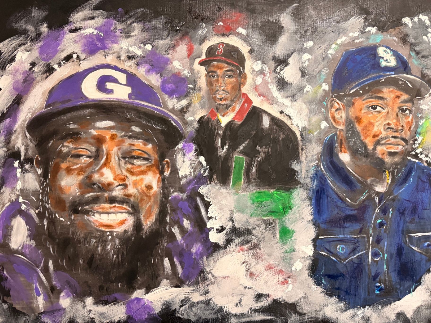 Painting of Shannon in three baseball portraits